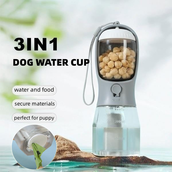 Borraccia Portatile 3 in 1 per Cani – Acqua, Cibo e Sacchetti Igienici Integrati